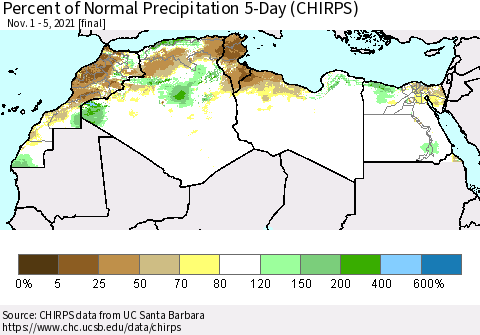 North Africa Percent of Normal Precipitation 5-Day (CHIRPS) Thematic Map For 11/1/2021 - 11/5/2021