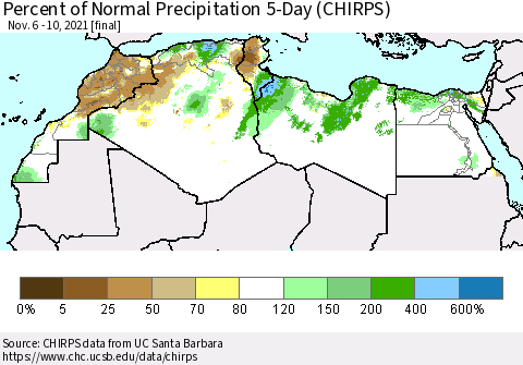 North Africa Percent of Normal Precipitation 5-Day (CHIRPS) Thematic Map For 11/6/2021 - 11/10/2021