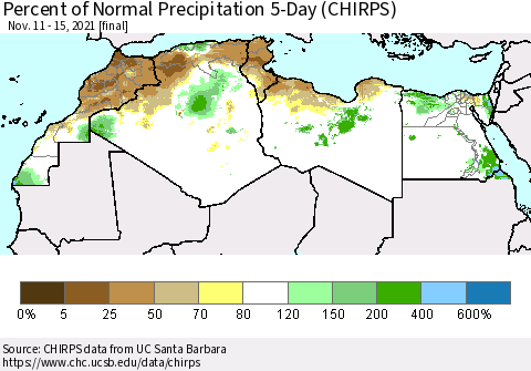 North Africa Percent of Normal Precipitation 5-Day (CHIRPS) Thematic Map For 11/11/2021 - 11/15/2021