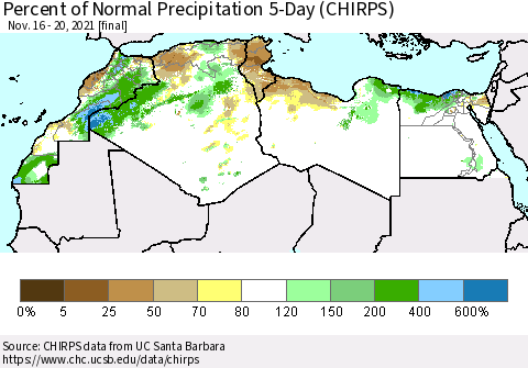 North Africa Percent of Normal Precipitation 5-Day (CHIRPS) Thematic Map For 11/16/2021 - 11/20/2021