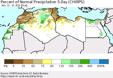 North Africa Percent of Normal Precipitation 5-Day (CHIRPS) Thematic Map For 11/21/2021 - 11/25/2021