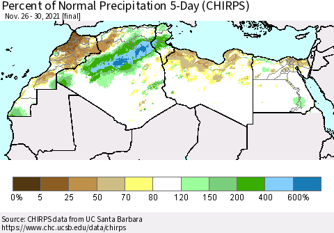 North Africa Percent of Normal Precipitation 5-Day (CHIRPS) Thematic Map For 11/26/2021 - 11/30/2021