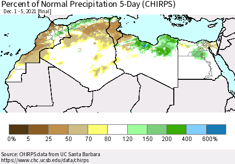 North Africa Percent of Normal Precipitation 5-Day (CHIRPS) Thematic Map For 12/1/2021 - 12/5/2021