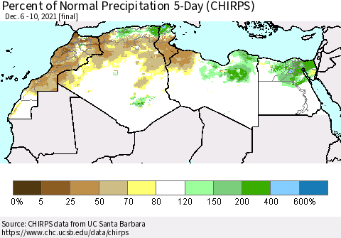 North Africa Percent of Normal Precipitation 5-Day (CHIRPS) Thematic Map For 12/6/2021 - 12/10/2021