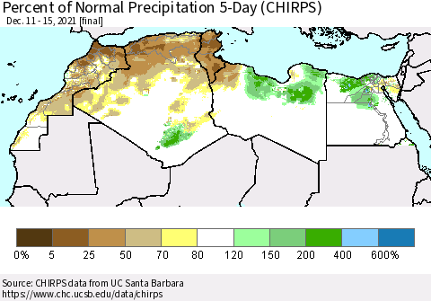 North Africa Percent of Normal Precipitation 5-Day (CHIRPS) Thematic Map For 12/11/2021 - 12/15/2021