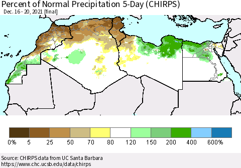 North Africa Percent of Normal Precipitation 5-Day (CHIRPS) Thematic Map For 12/16/2021 - 12/20/2021