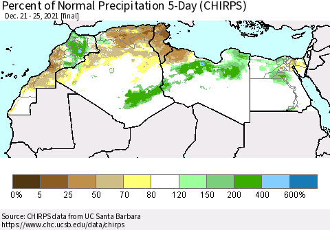 North Africa Percent of Normal Precipitation 5-Day (CHIRPS) Thematic Map For 12/21/2021 - 12/25/2021