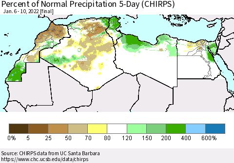 North Africa Percent of Normal Precipitation 5-Day (CHIRPS) Thematic Map For 1/6/2022 - 1/10/2022