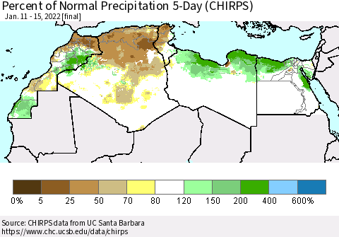 North Africa Percent of Normal Precipitation 5-Day (CHIRPS) Thematic Map For 1/11/2022 - 1/15/2022