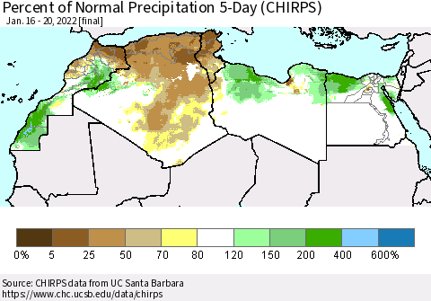 North Africa Percent of Normal Precipitation 5-Day (CHIRPS) Thematic Map For 1/16/2022 - 1/20/2022