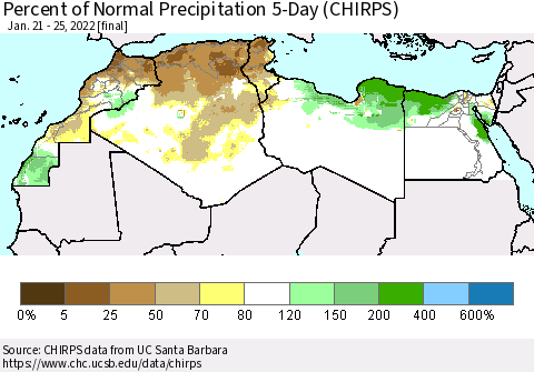 North Africa Percent of Normal Precipitation 5-Day (CHIRPS) Thematic Map For 1/21/2022 - 1/25/2022