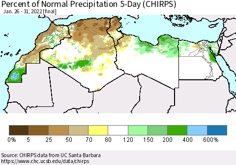 North Africa Percent of Normal Precipitation 5-Day (CHIRPS) Thematic Map For 1/26/2022 - 1/31/2022