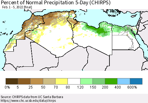 North Africa Percent of Normal Precipitation 5-Day (CHIRPS) Thematic Map For 2/1/2022 - 2/5/2022
