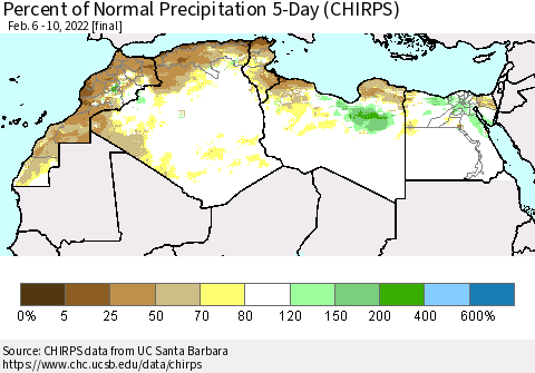 North Africa Percent of Normal Precipitation 5-Day (CHIRPS) Thematic Map For 2/6/2022 - 2/10/2022