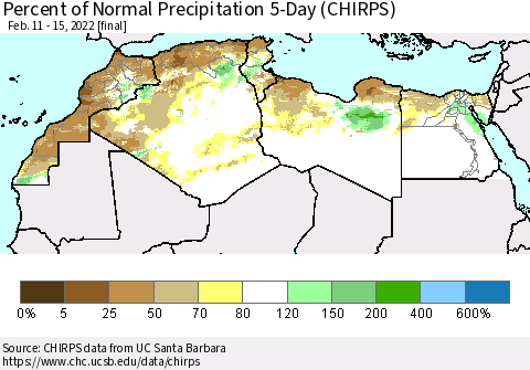 North Africa Percent of Normal Precipitation 5-Day (CHIRPS) Thematic Map For 2/11/2022 - 2/15/2022