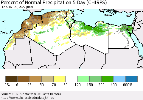 North Africa Percent of Normal Precipitation 5-Day (CHIRPS) Thematic Map For 2/16/2022 - 2/20/2022