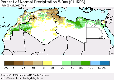 North Africa Percent of Normal Precipitation 5-Day (CHIRPS) Thematic Map For 2/21/2022 - 2/25/2022