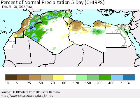 North Africa Percent of Normal Precipitation 5-Day (CHIRPS) Thematic Map For 2/26/2022 - 2/28/2022