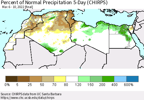 North Africa Percent of Normal Precipitation 5-Day (CHIRPS) Thematic Map For 3/6/2022 - 3/10/2022