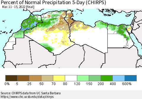 North Africa Percent of Normal Precipitation 5-Day (CHIRPS) Thematic Map For 3/11/2022 - 3/15/2022