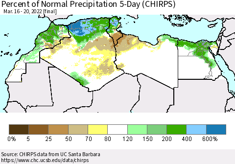 North Africa Percent of Normal Precipitation 5-Day (CHIRPS) Thematic Map For 3/16/2022 - 3/20/2022