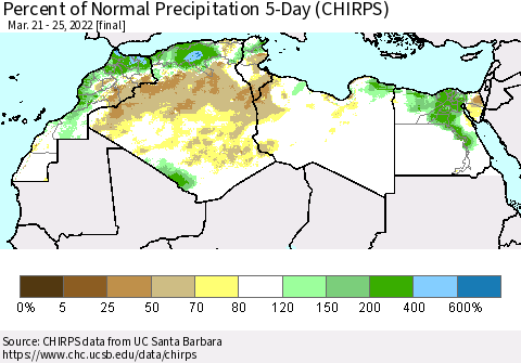 North Africa Percent of Normal Precipitation 5-Day (CHIRPS) Thematic Map For 3/21/2022 - 3/25/2022