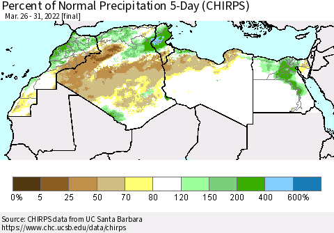 North Africa Percent of Normal Precipitation 5-Day (CHIRPS) Thematic Map For 3/26/2022 - 3/31/2022