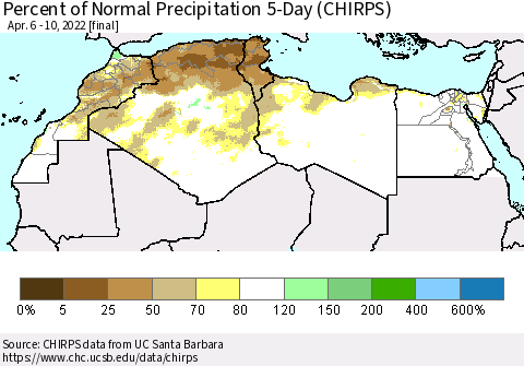 North Africa Percent of Normal Precipitation 5-Day (CHIRPS) Thematic Map For 4/6/2022 - 4/10/2022