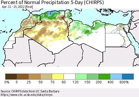 North Africa Percent of Normal Precipitation 5-Day (CHIRPS) Thematic Map For 4/11/2022 - 4/15/2022