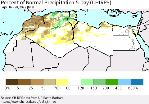North Africa Percent of Normal Precipitation 5-Day (CHIRPS) Thematic Map For 4/16/2022 - 4/20/2022