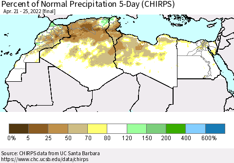 North Africa Percent of Normal Precipitation 5-Day (CHIRPS) Thematic Map For 4/21/2022 - 4/25/2022