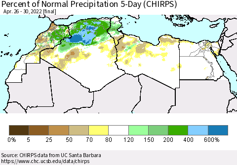 North Africa Percent of Normal Precipitation 5-Day (CHIRPS) Thematic Map For 4/26/2022 - 4/30/2022