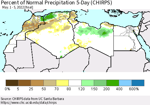 North Africa Percent of Normal Precipitation 5-Day (CHIRPS) Thematic Map For 5/1/2022 - 5/5/2022