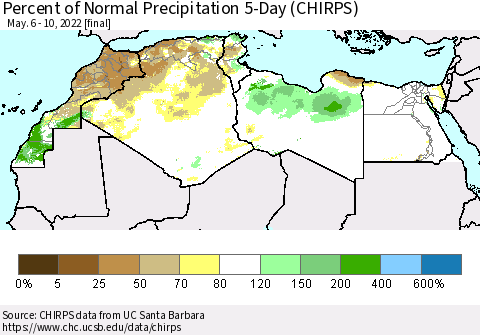 North Africa Percent of Normal Precipitation 5-Day (CHIRPS) Thematic Map For 5/6/2022 - 5/10/2022
