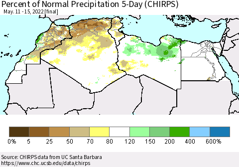 North Africa Percent of Normal Precipitation 5-Day (CHIRPS) Thematic Map For 5/11/2022 - 5/15/2022