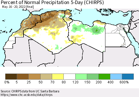 North Africa Percent of Normal Precipitation 5-Day (CHIRPS) Thematic Map For 5/16/2022 - 5/20/2022