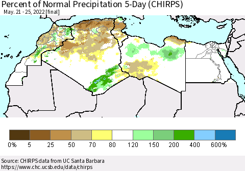 North Africa Percent of Normal Precipitation 5-Day (CHIRPS) Thematic Map For 5/21/2022 - 5/25/2022