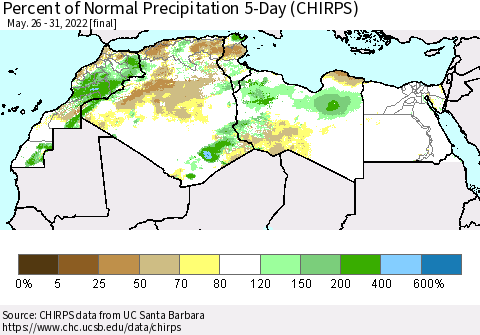 North Africa Percent of Normal Precipitation 5-Day (CHIRPS) Thematic Map For 5/26/2022 - 5/31/2022