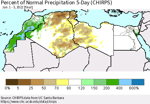 North Africa Percent of Normal Precipitation 5-Day (CHIRPS) Thematic Map For 6/1/2022 - 6/5/2022