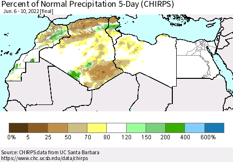 North Africa Percent of Normal Precipitation 5-Day (CHIRPS) Thematic Map For 6/6/2022 - 6/10/2022