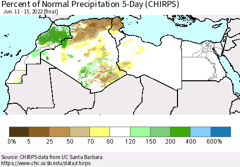North Africa Percent of Normal Precipitation 5-Day (CHIRPS) Thematic Map For 6/11/2022 - 6/15/2022