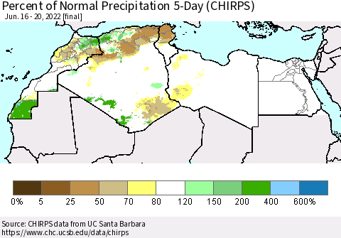 North Africa Percent of Normal Precipitation 5-Day (CHIRPS) Thematic Map For 6/16/2022 - 6/20/2022