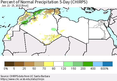 North Africa Percent of Normal Precipitation 5-Day (CHIRPS) Thematic Map For 6/21/2022 - 6/25/2022