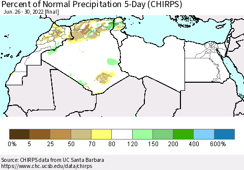 North Africa Percent of Normal Precipitation 5-Day (CHIRPS) Thematic Map For 6/26/2022 - 6/30/2022