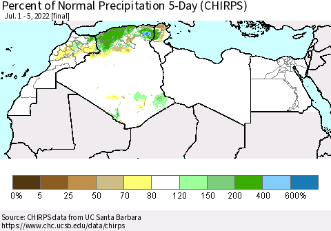 North Africa Percent of Normal Precipitation 5-Day (CHIRPS) Thematic Map For 7/1/2022 - 7/5/2022