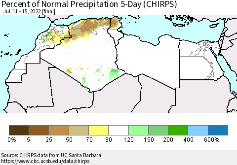North Africa Percent of Normal Precipitation 5-Day (CHIRPS) Thematic Map For 7/11/2022 - 7/15/2022
