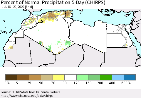 North Africa Percent of Normal Precipitation 5-Day (CHIRPS) Thematic Map For 7/16/2022 - 7/20/2022