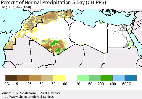 North Africa Percent of Normal Precipitation 5-Day (CHIRPS) Thematic Map For 8/1/2022 - 8/5/2022