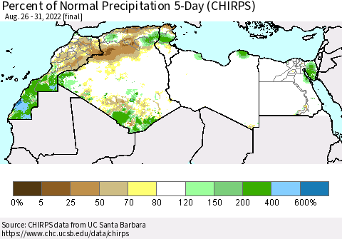 North Africa Percent of Normal Precipitation 5-Day (CHIRPS) Thematic Map For 8/26/2022 - 8/31/2022