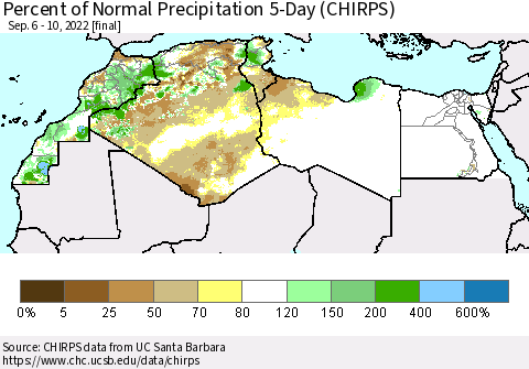 North Africa Percent of Normal Precipitation 5-Day (CHIRPS) Thematic Map For 9/6/2022 - 9/10/2022